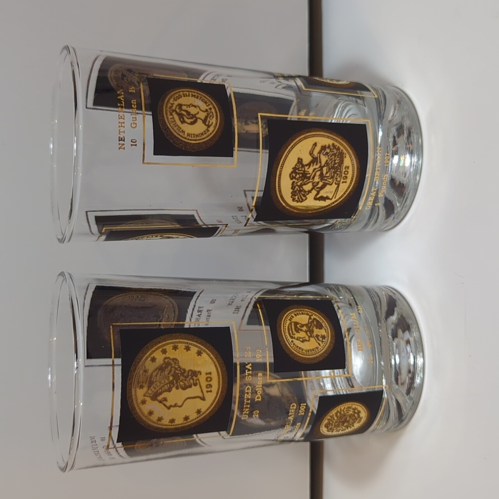 Vintage World coin money high ball glasses set of 2 U.S. Italy France Belgium